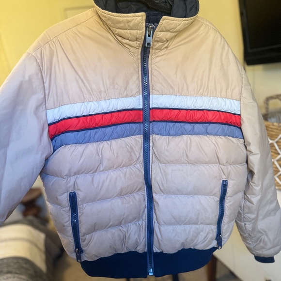 Vintage Rollie Skiwear Down Jacket Made in USA – Tan Red & Blue Retro Puffer